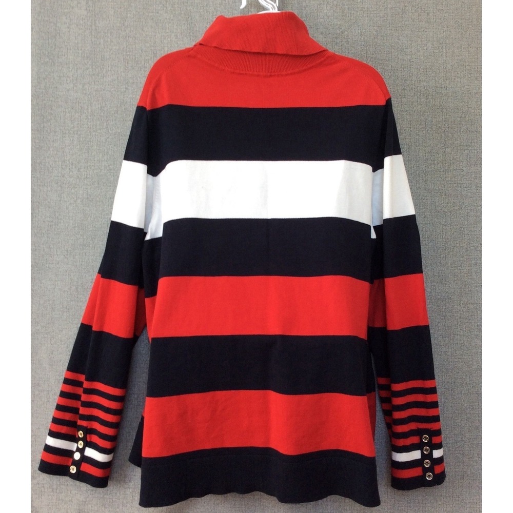 Tommy Hilfiger Turtleneck Sweater Red Navy White Striped Button Cuff 2X READ - Picture 2 of 11